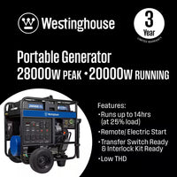 28,000/20,000-Watt Remote Electric Start Gas Powered Portable Generator with Low THD, 50A Outlet, and CO Sensor