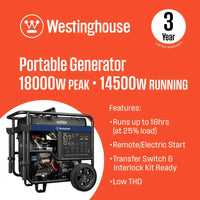 18,000/14,500-Watt Remote Electric Start Gas Powered Portable Generator with Low THD, 50A Outlet, CO Sensor