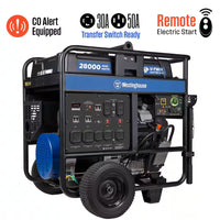 28,000/20,000-Watt Remote Electric Start Gas Powered Portable Generator with Low THD, 50A Outlet, and CO Sensor